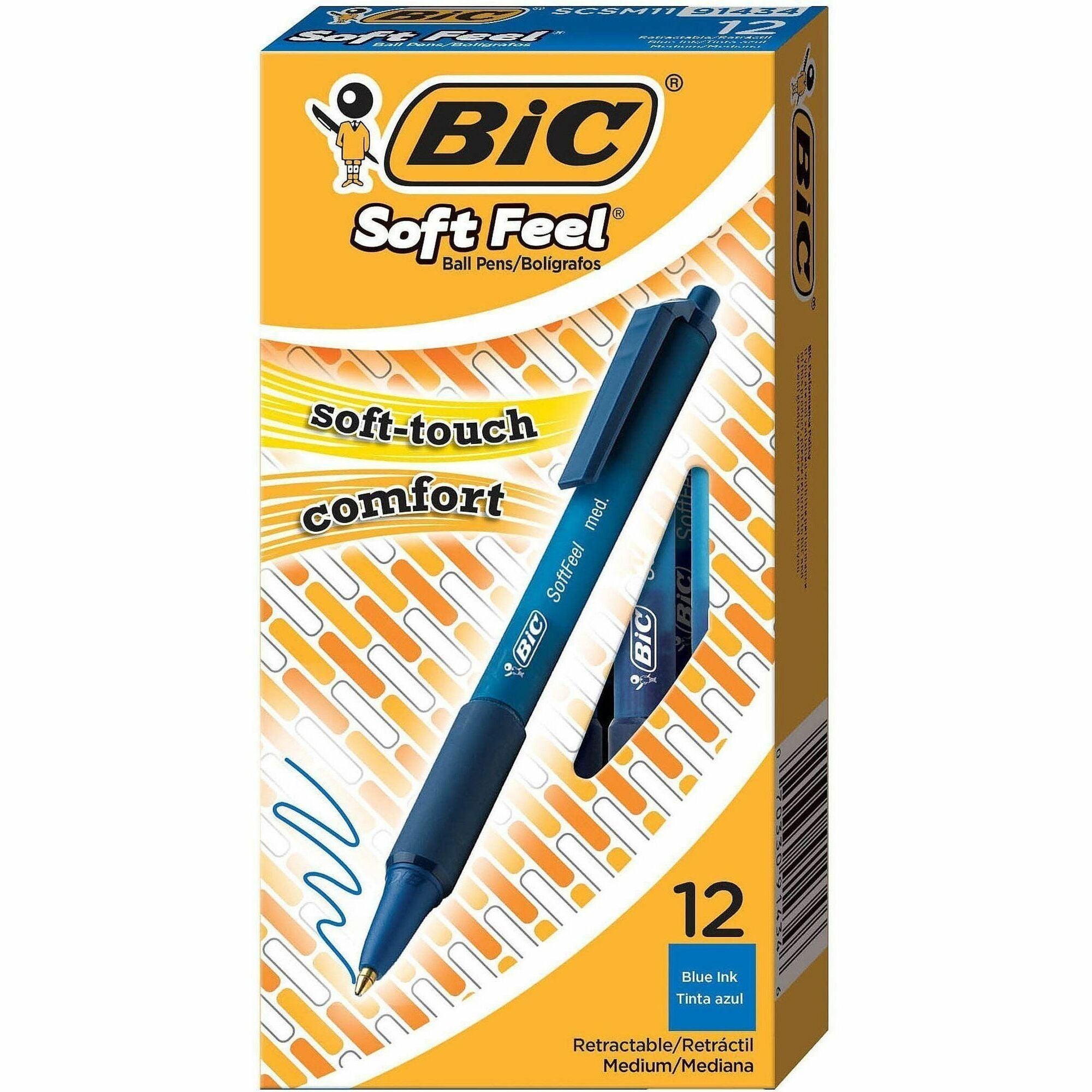 BIC SoftFeel Retractable Ball Pens - Medium Pen Point - Retractable - Blue Ink - Blue Rubber Barrel - 1 Dozen