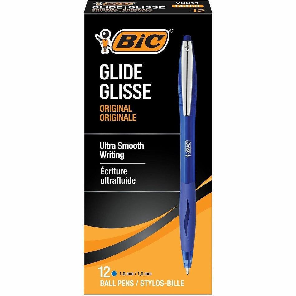 BIC Glide Retractable Pens - 1 mm Medium Pen Point - Retractable - Blue Ink - Clear Barrel - 1 Dozen