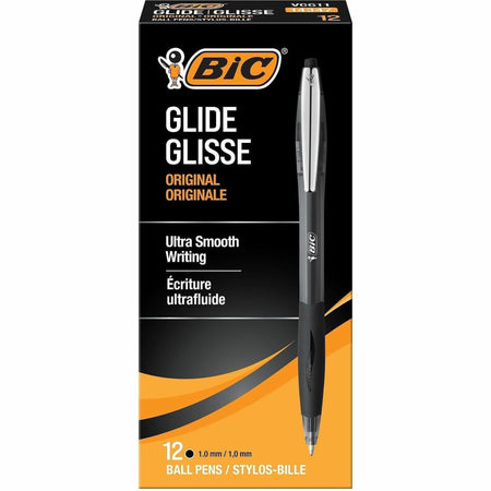 BIC Glide Retractable Pens - 1 mm Medium Conical Pen Point - Retractable - Black Ink - Clear Barrel - 1 Dozen