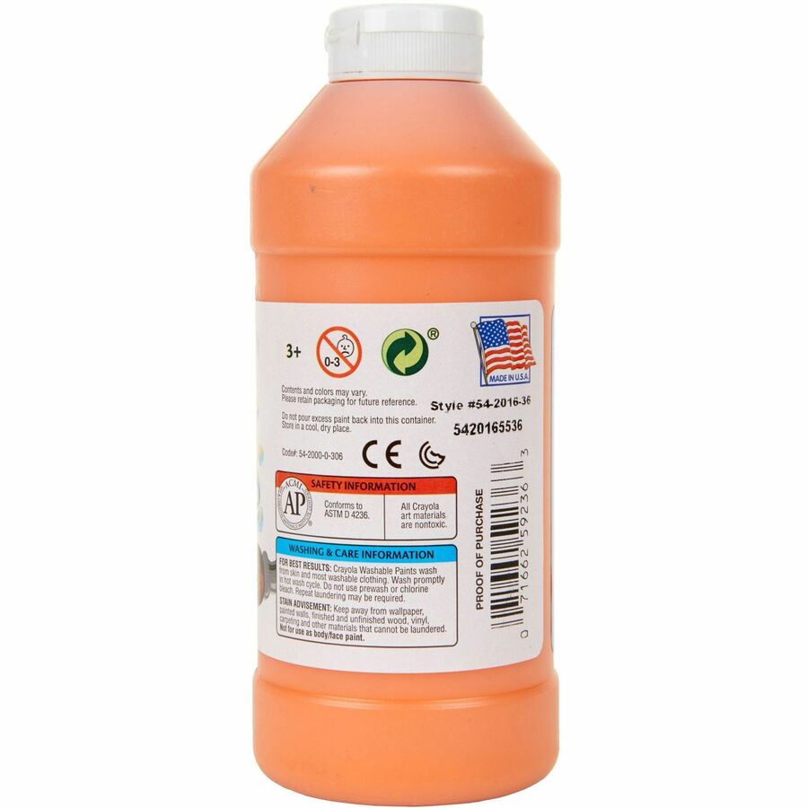 Crayola Washable Paint - 1 Color(s) - Orange - 16 oz - Washable - 1 Each