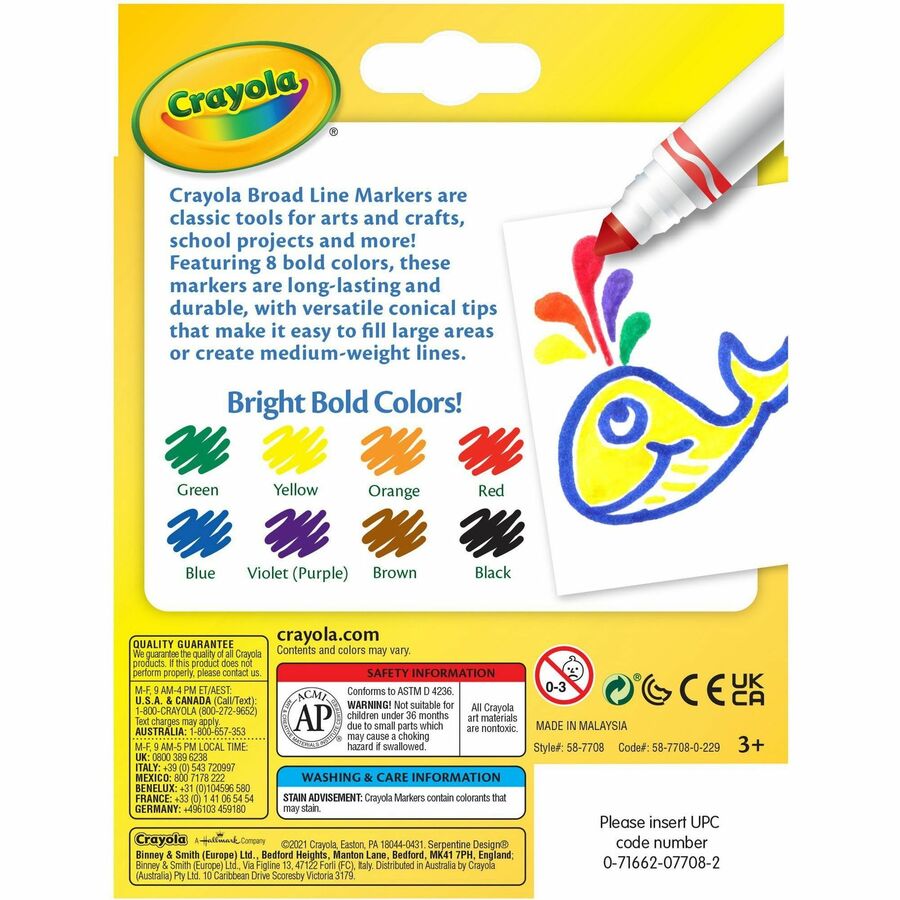 Crayola Classic Colors Broad Line Markers - Broad Conical Marker Point - Assorted, Orange, Yellow, Green, Blue, Violet, Brown, Black Ink - Water Based - 8 / Set