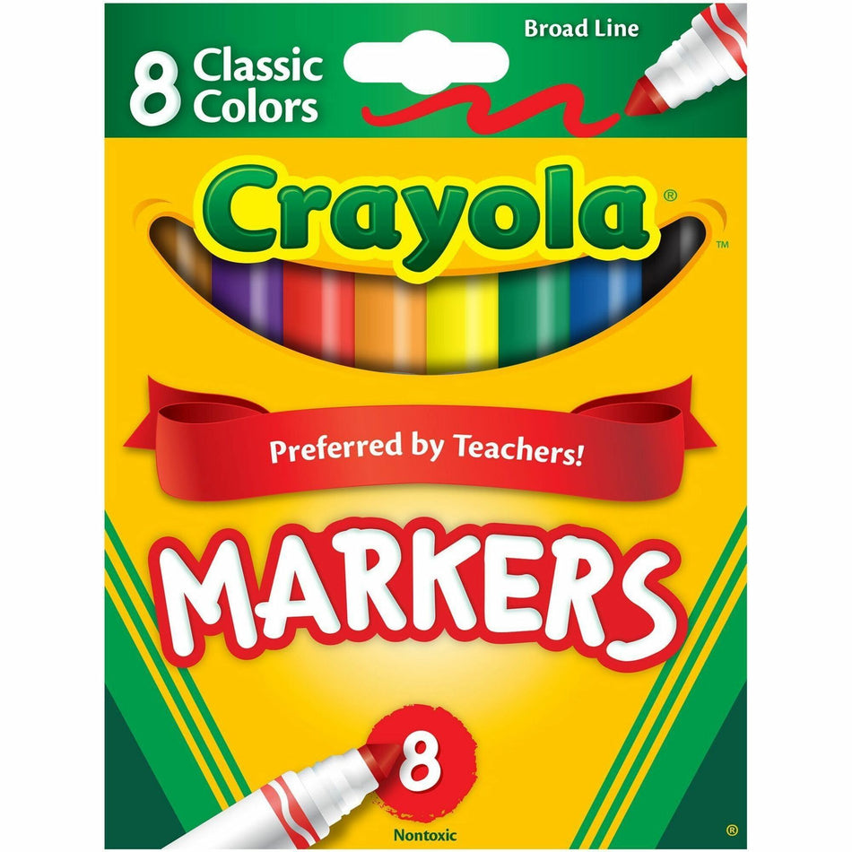 Crayola Classic Colors Broad Line Markers - Broad Conical Marker Point - Assorted, Orange, Yellow, Green, Blue, Violet, Brown, Black Ink - Water Based - 8 / Set
