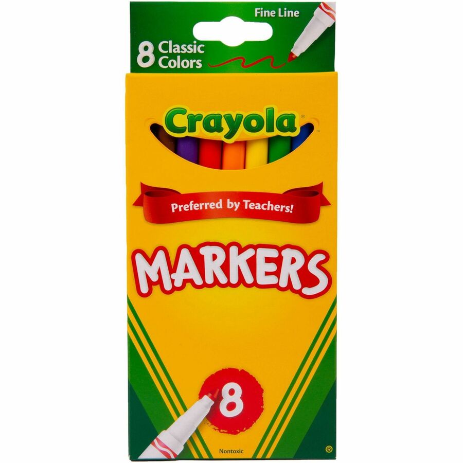Crayola Fine Tip Classic Markers - Fine Marker Point - Assorted, Orange, Yellow, Green, Blue, Violet, Brown, Black Ink - Water Based - 8 / Set