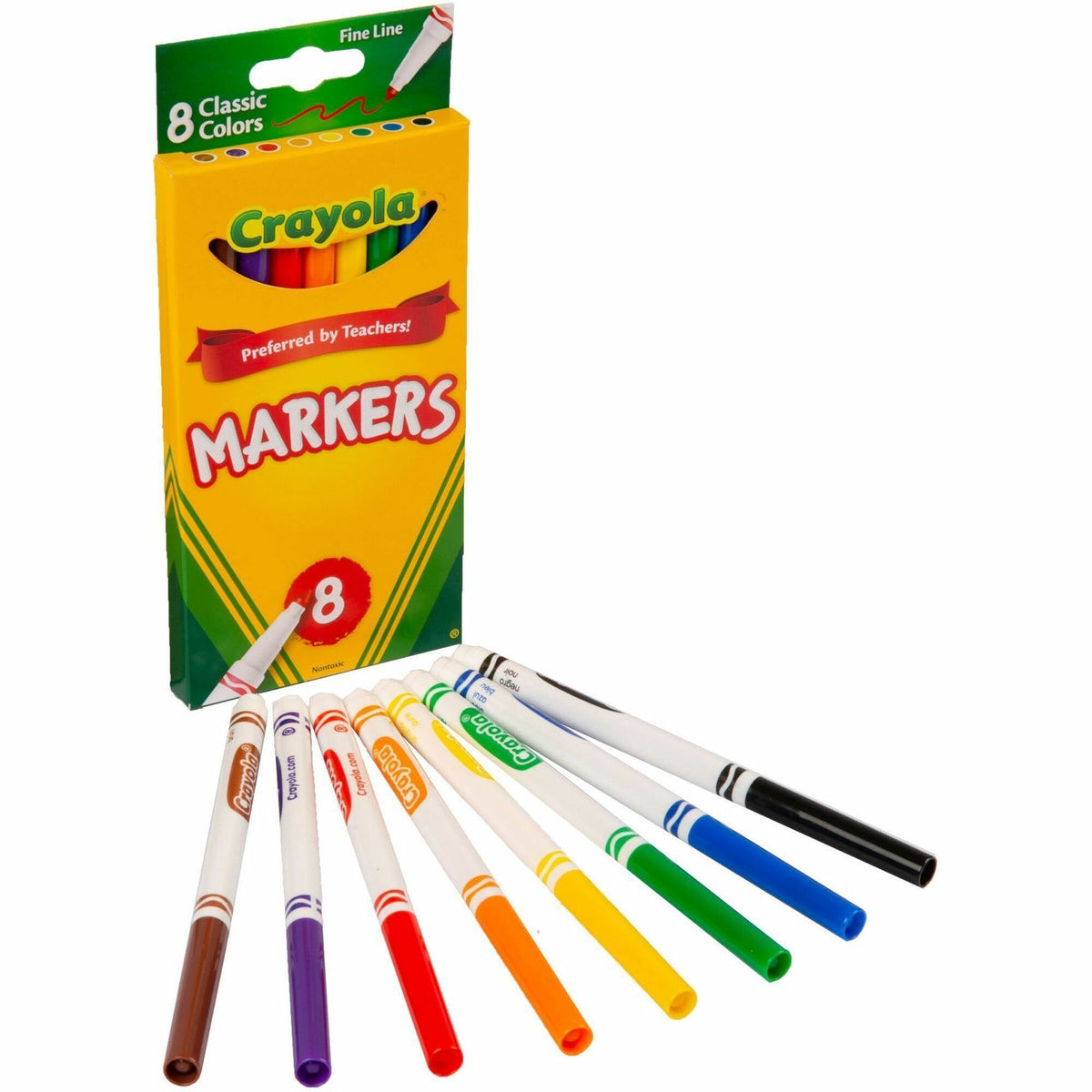 Crayola Fine Tip Classic Markers - Fine Marker Point - Assorted, Orange, Yellow, Green, Blue, Violet, Brown, Black Ink - Water Based - 8 / Set