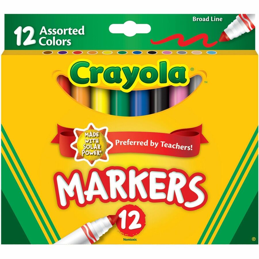 Crayola Broad Tip Classic Markers - Broad Conical Marker Point - Assorted, Orange, Yellow, Green, Blue, Violet, Brown, Black, Gray, Flamingo Pink, Blue Ink - Water Based - 12 / Set