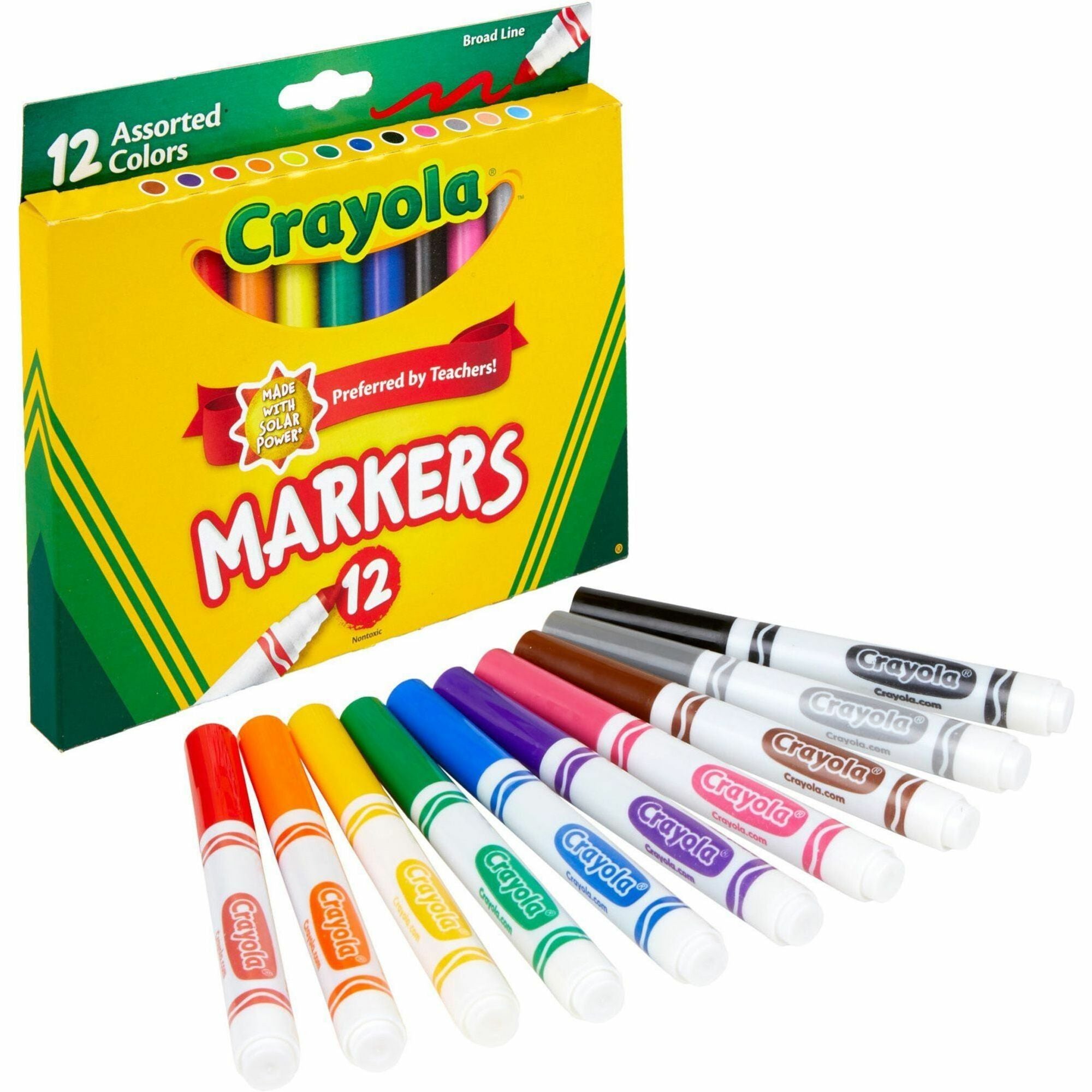 Crayola Broad Tip Classic Markers - Broad Conical Marker Point - Assorted, Orange, Yellow, Green, Blue, Violet, Brown, Black, Gray, Flamingo Pink, Blue Ink - Water Based - 12 / Set