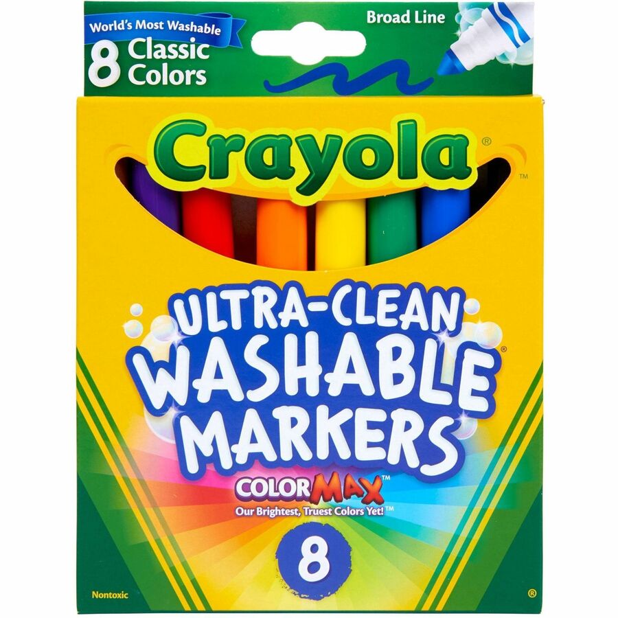 Crayola Classic Washable Marker Set - Broad Conical Marker Point - Washable - Red, Orange, Yellow, Green, Blue, Violet, Brown, Black Ink - Water Based - 8 / Set