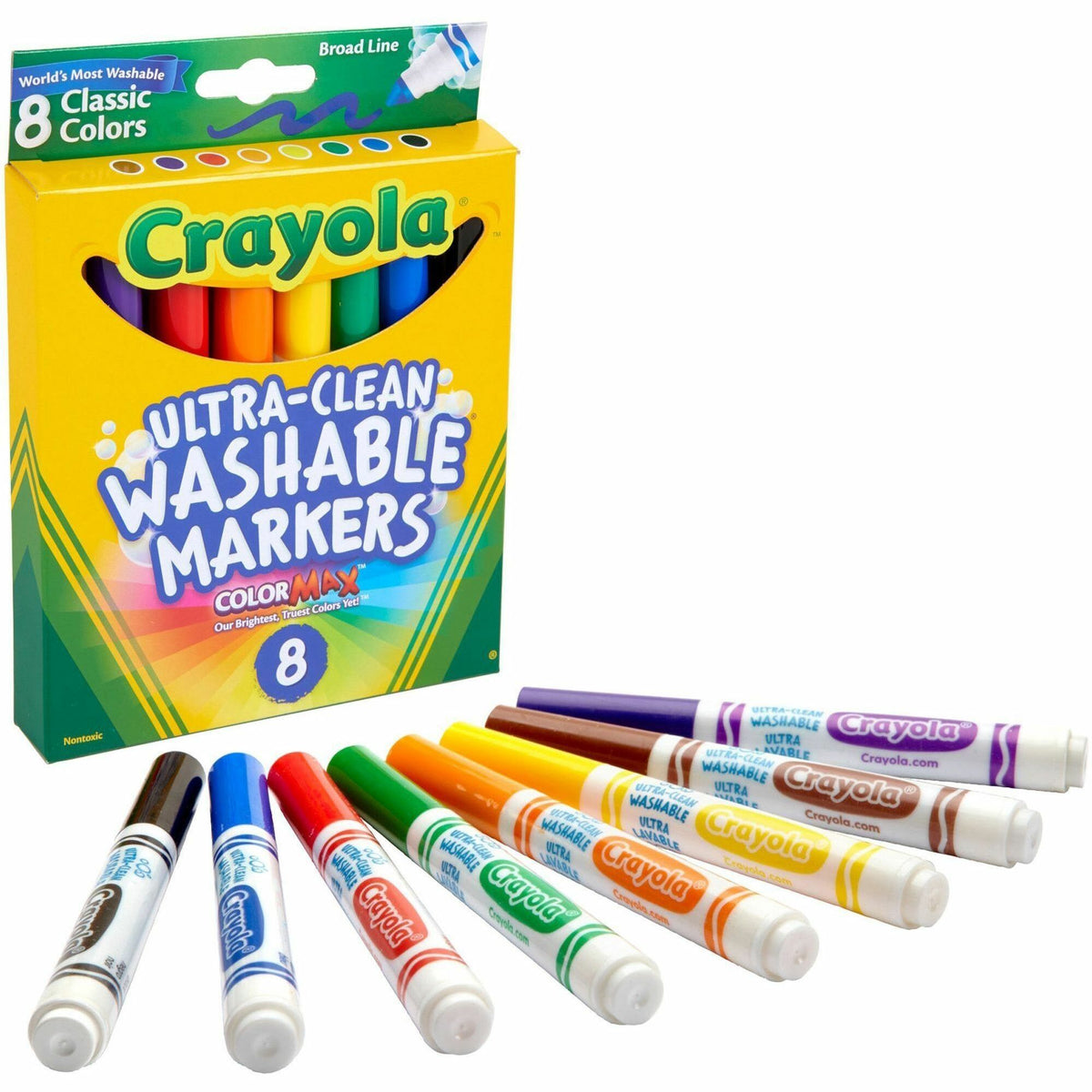 Crayola Classic Washable Marker Set - Broad Conical Marker Point - Washable - Red, Orange, Yellow, Green, Blue, Violet, Brown, Black Ink - Water Based - 8 / Set