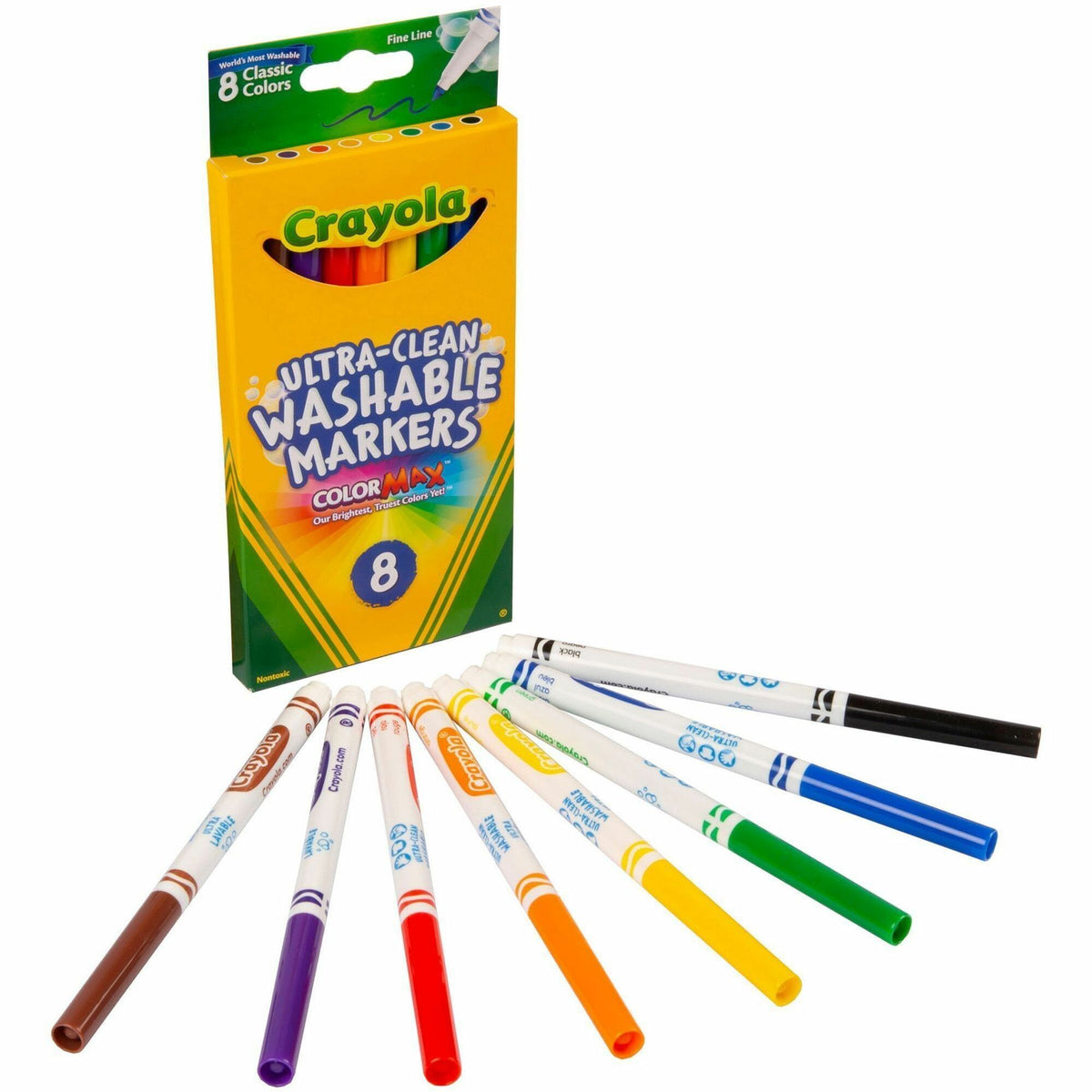 Crayola Thinline Washable Markers - Fine Marker Point - Washable - Red, Orange, Yellow, Green, Blue, Violet, Brown, Black Ink - Water Based - 8 / Set