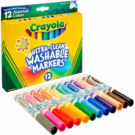 Crayola Classic Washable Markers - Broad Conical Marker Point - Washable - Assorted, Orange, Yellow, Green, Blue, Violet, Brown, Black, Gray, Flamingo Pink, Blue, ... Ink - Water Based - 12 / Set