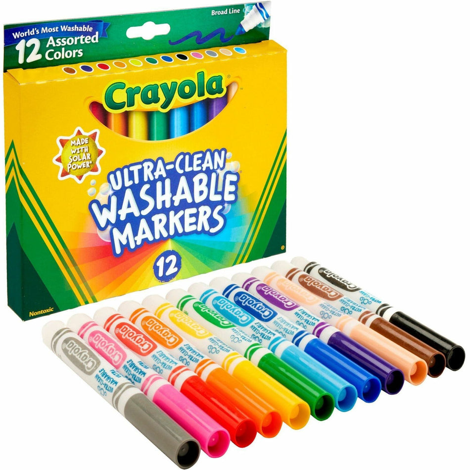 Crayola Classic Washable Markers - Broad Conical Marker Point - Washable - Assorted, Orange, Yellow, Green, Blue, Violet, Brown, Black, Gray, Flamingo Pink, Blue, ... Ink - Water Based - 12 / Set