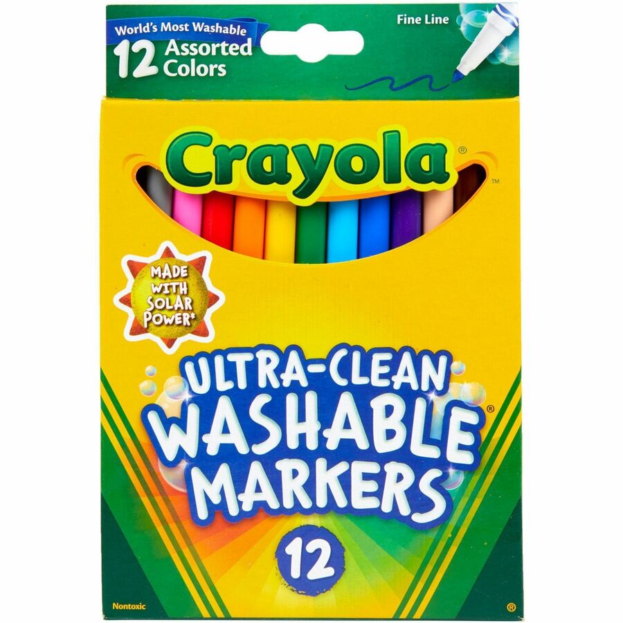 Crayola Thinline Washable Markers - Fine Marker Point - Washable - Black, Blue, Blue Lagoon, Brown, Gray, Green, Orange, Pink, Red, Sandy Tan, Violet, ... Ink - Water Based - 12 / Set