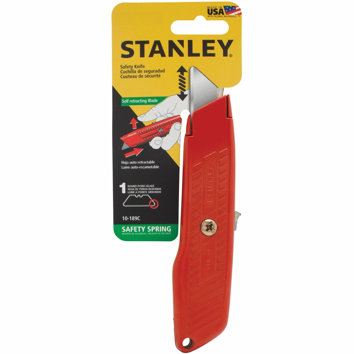 Stanley Self-retracting Utility Knife - 1 Blade - 0.8" Height x 3" Width x 8.5" Length - Self-retractable, Spring-loaded Blade - Red - 1 Each