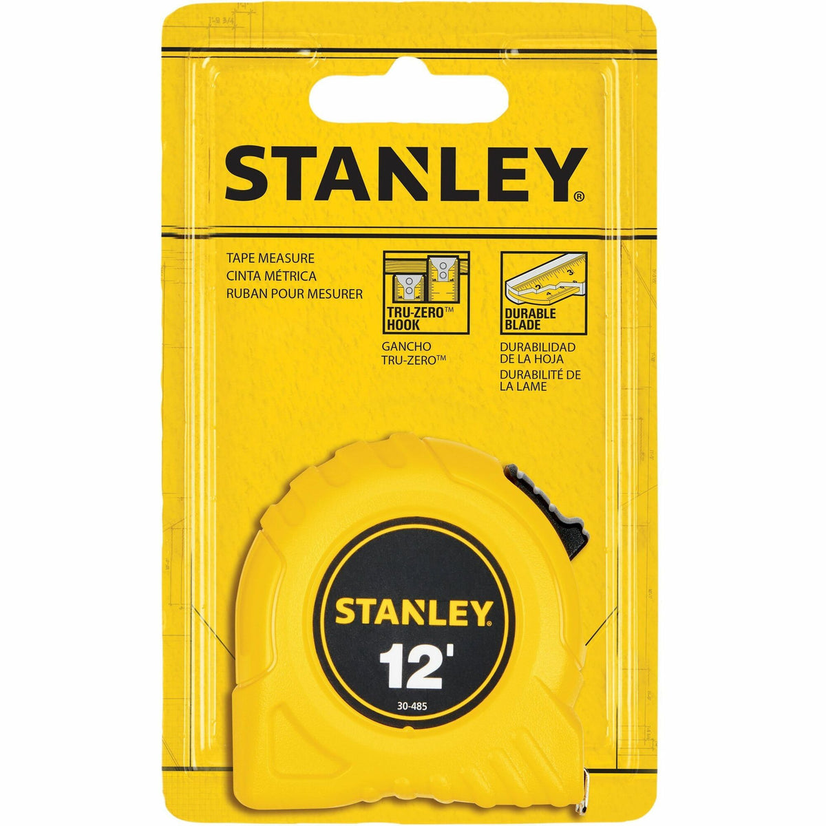 Stanley Tape Rule - 12 ft Length x 0.5" Width - 1/16 Graduations - Imperial Measuring System - Plastic - Yellow - 1 Each