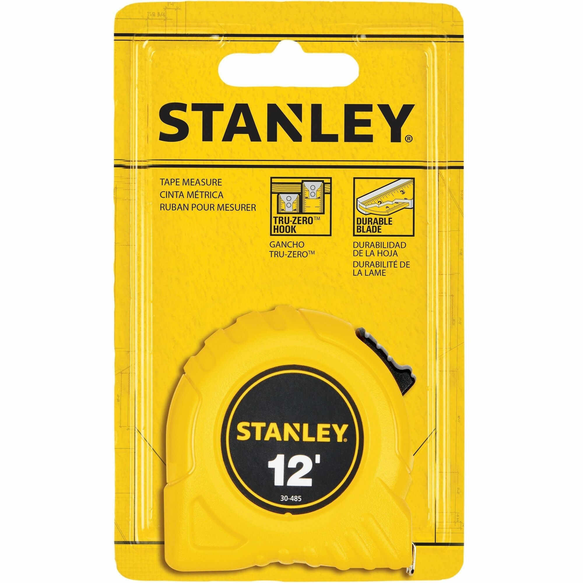 Stanley Tape Rule - 12 ft Length x 0.5" Width - 1/16 Graduations - Imperial Measuring System - Plastic - Yellow - 1 Each