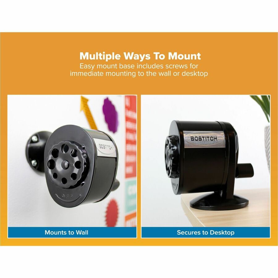 Bostitch Antimicrobial Manual Pencil Sharpener - Wall Mountable, Table Mountable - 8 Hole(s) - 4.3" Height x 2.5" Width - Metal - Black - 1 Each
