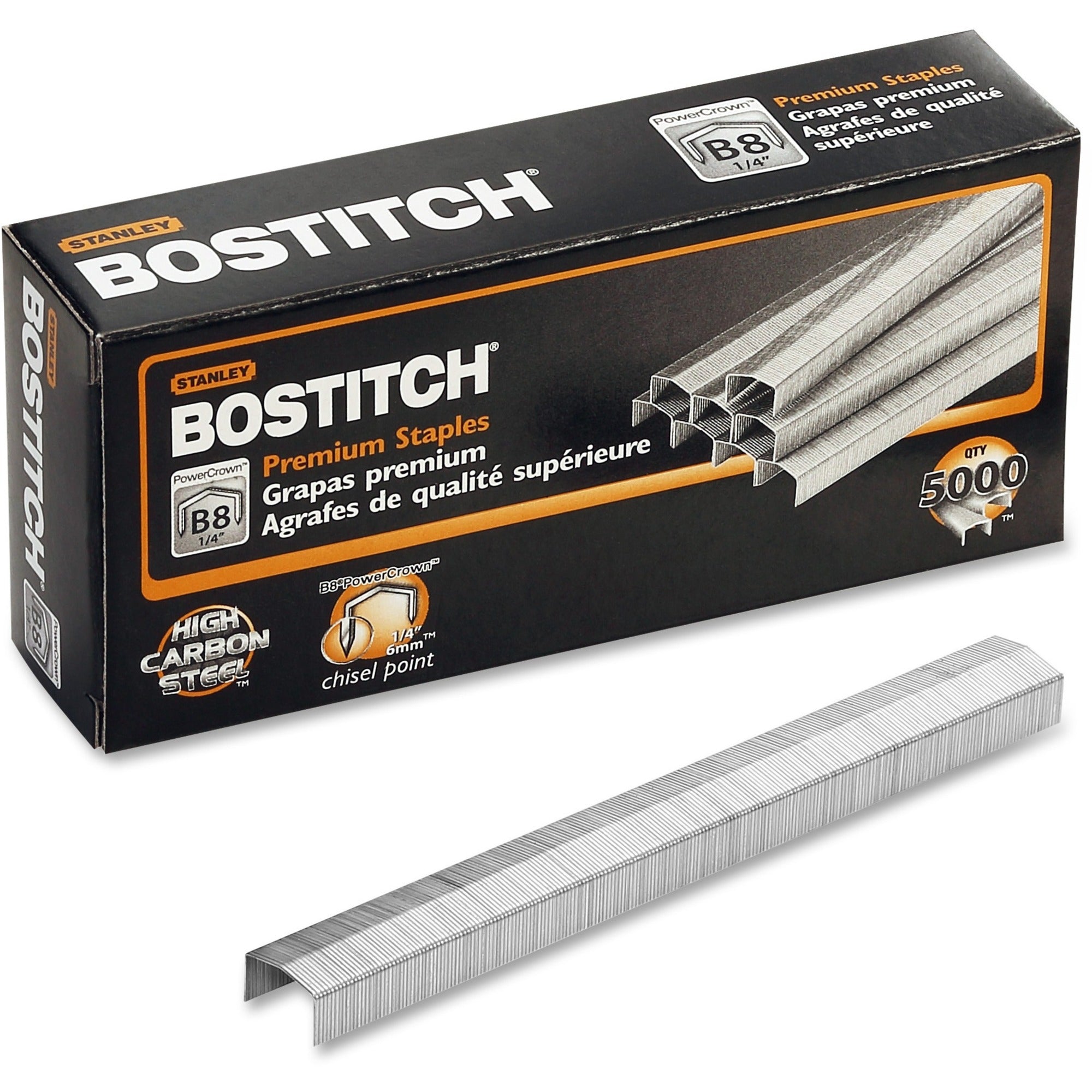 Bostitch PowerCrown Premium Staples - 1/4" Leg - 1/2" Crown - Chisel Point - Silver - High Carbon Steel - 1.1" Height x 0.5" Width x 0.3" Length - 210 Per Strip - 5000 / Box