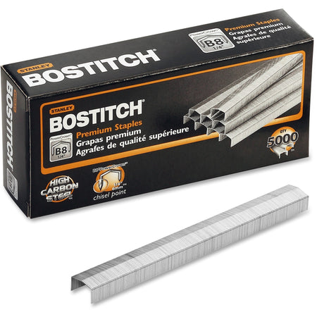 Bostitch PowerCrown Premium Staples - 1/4" Leg - 1/2" Crown - Chisel Point - Silver - High Carbon Steel - 1.1" Height x 0.5" Width x 0.3" Length - 210 Per Strip - 5000 / Box
