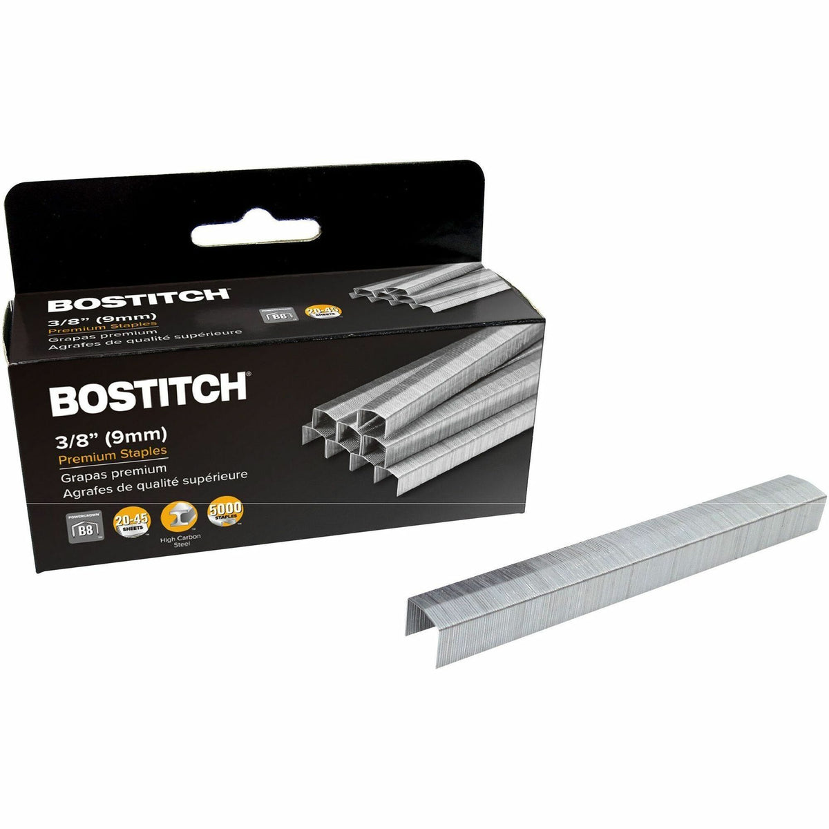 Bostitch B8 PowerCrown 3/8" Staples - 3/8" Leg - 1/2" Crown - Holds 45 Sheet(s) - Chisel Point - Silver - High Carbon Steel - 2" Height x 0.5" Width x 0.4" Length - 210 Per Strip - 5000 / Box