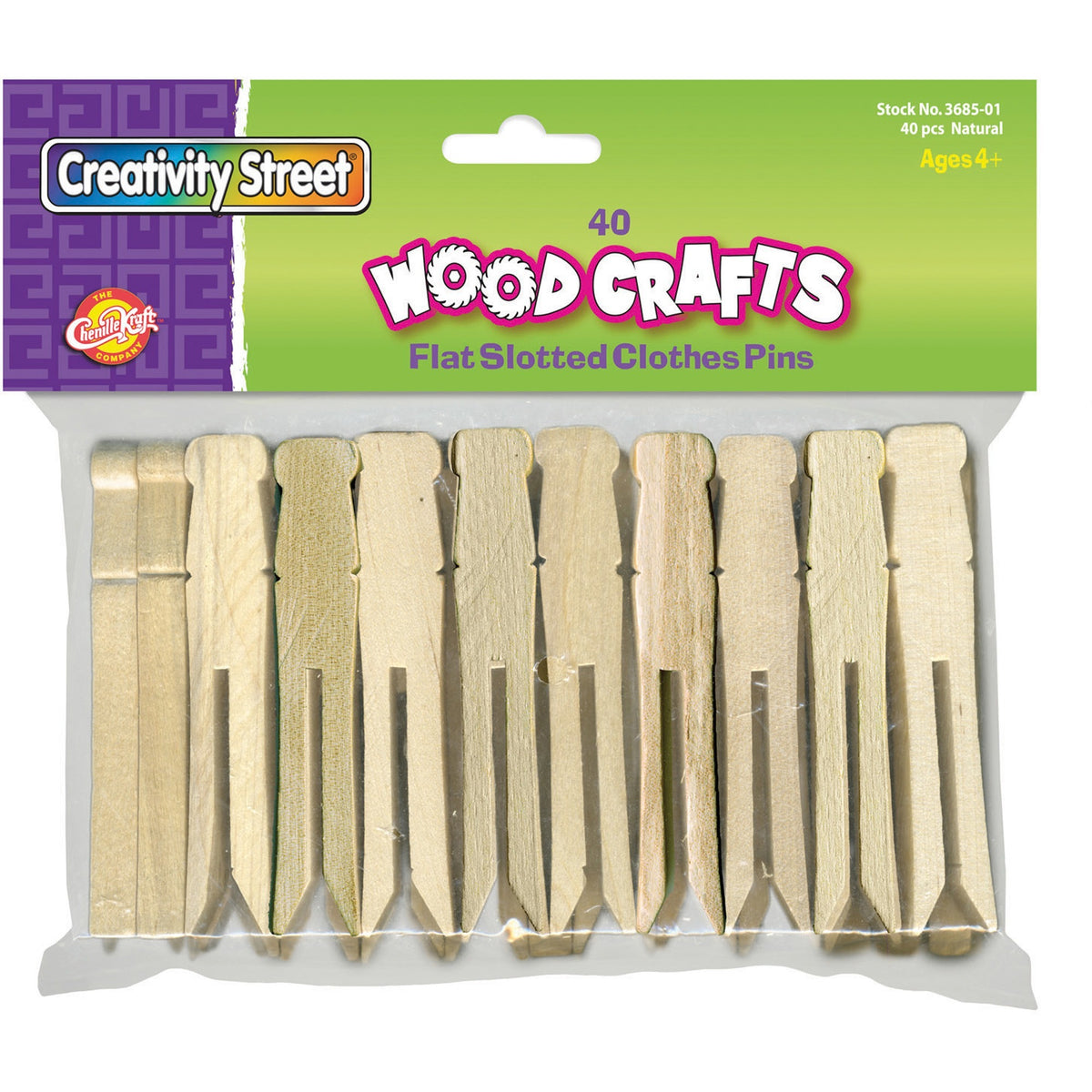 Creativity Street Flat-Slotted Clothespins - 3.8" Length - Natural - Wood - 40 / Pack