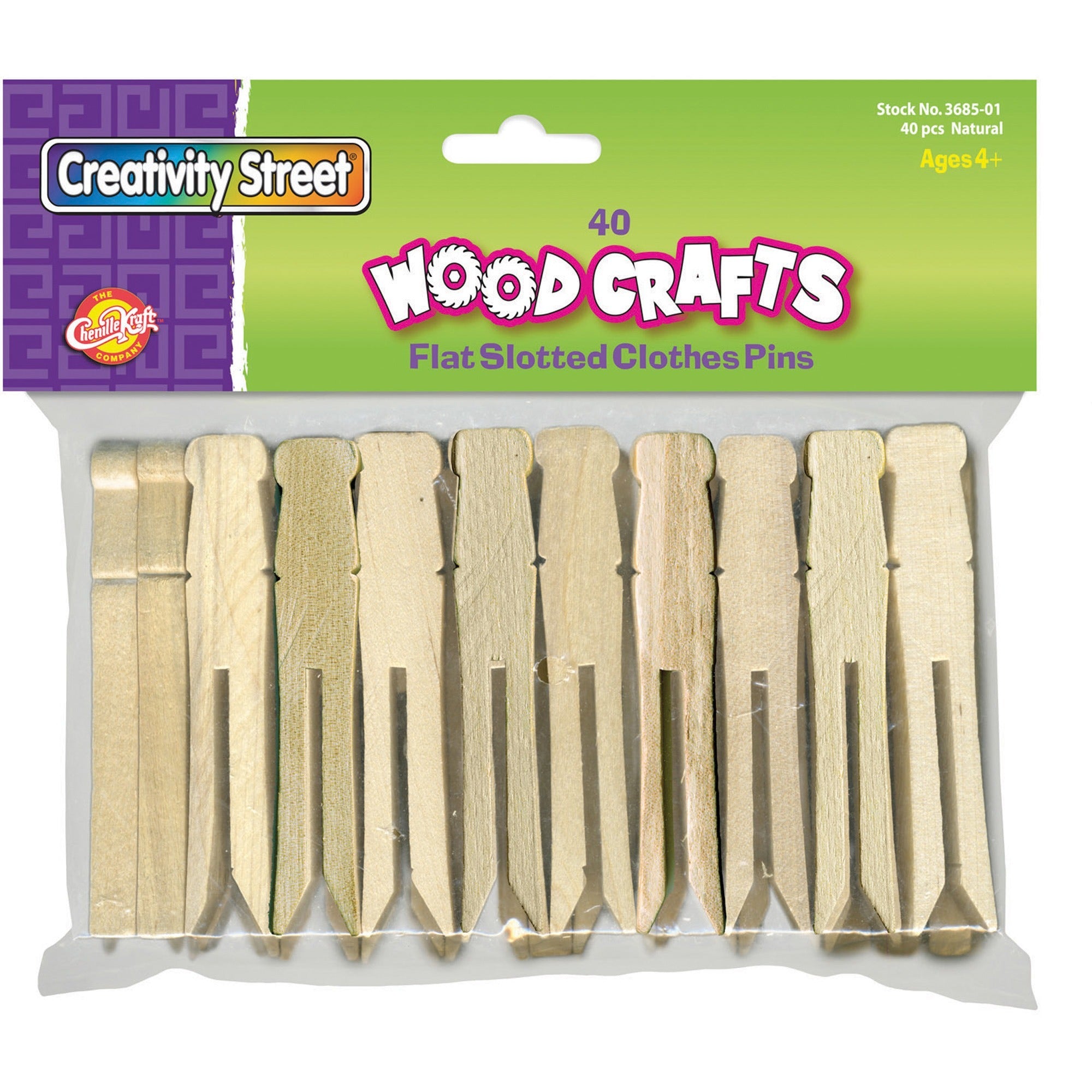Creativity Street Flat-Slotted Clothespins - 3.8" Length - Natural - Wood - 40 / Pack