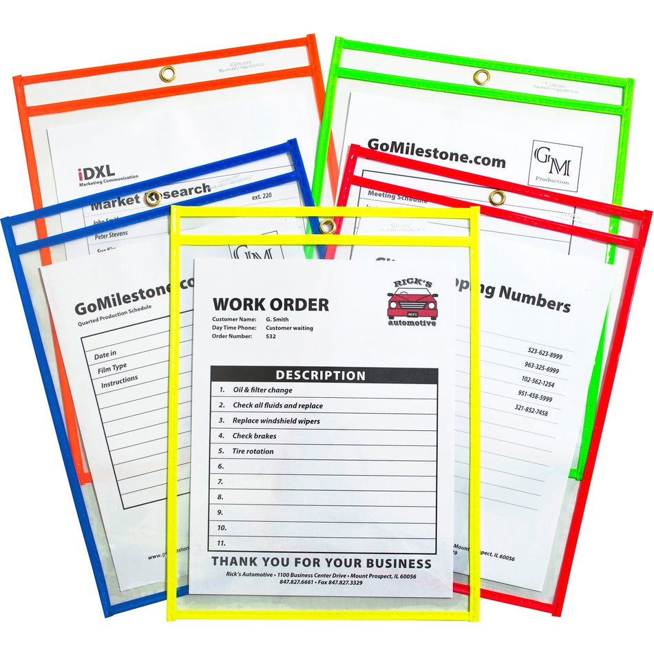 C-Line Neon Colored Stitched Shop Ticket Holders - Support 9" x 12" Media - Vinyl - Clear, Assorted - Sturdy - 25 / Box