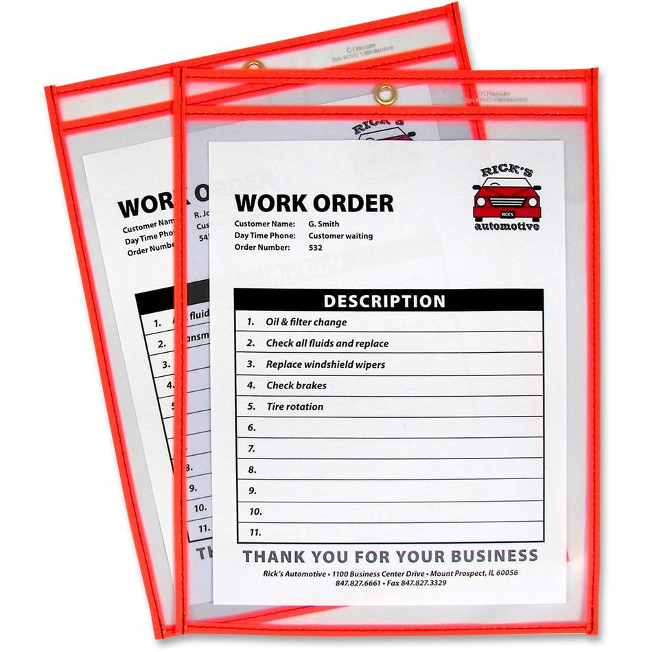 C-Line Neon Colored Stitched Shop Ticket Holders - Support 9" x 12" Media - 13.5" Height x 10" Width x 0.1" Depth - Vinyl - Clear, Neon Orange - Sturdy - 1 Each
