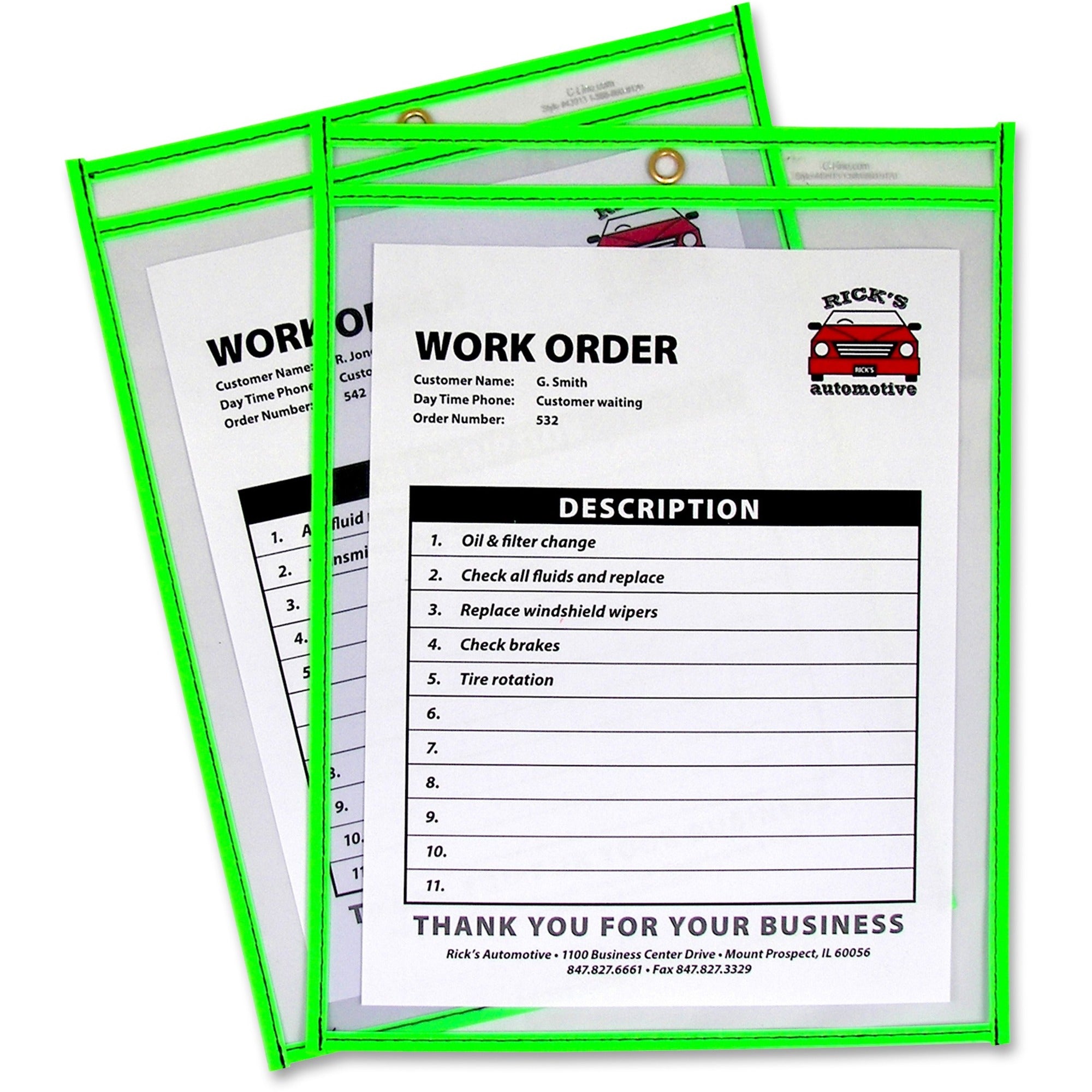 C-Line Neon Colored Stitched Shop Ticket Holders - Support 9" x 12" Media - Vinyl - Clear, Neon Green - Sturdy - 1 Each