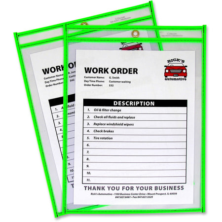 C-Line Neon Colored Stitched Shop Ticket Holders - Support 9" x 12" Media - Vinyl - Clear, Neon Green - Sturdy - 1 Each