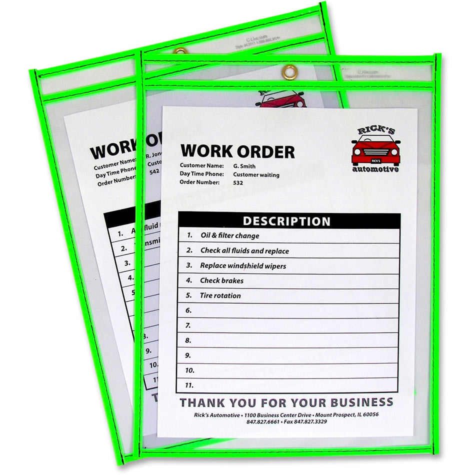 C-Line Neon Colored Stitched Shop Ticket Holders - Support 9" x 12" Media - Vinyl - Clear, Neon Green - Sturdy - 1 Each