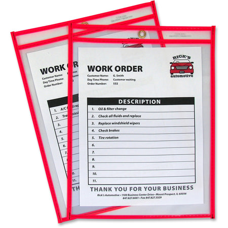 C-Line Neon Colored Stitched Shop Ticket Holders - Support 9" x 12" Media - Vinyl - Clear, Neon Red - Sturdy - 1 Each