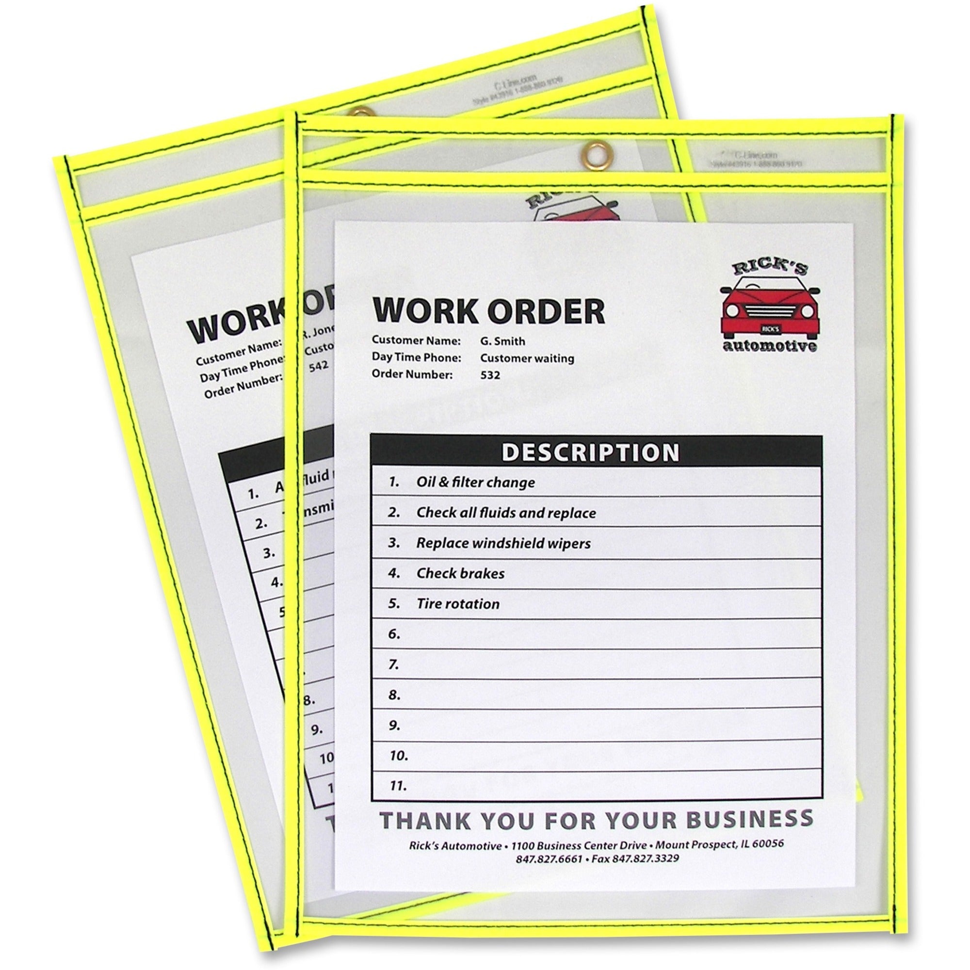 C-Line Neon Colored Stitched Shop Ticket Holders - Support 9" x 12" Media - Vinyl - Clear, Neon Yellow - Sturdy - 1 Each