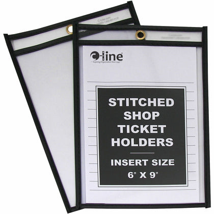 C-Line Stitched Vinyl Shop Ticket Holders - 6’’ x 9’’ Media Support - Black & Clear - Sturdy (25/Box) - Sheet Protectors
