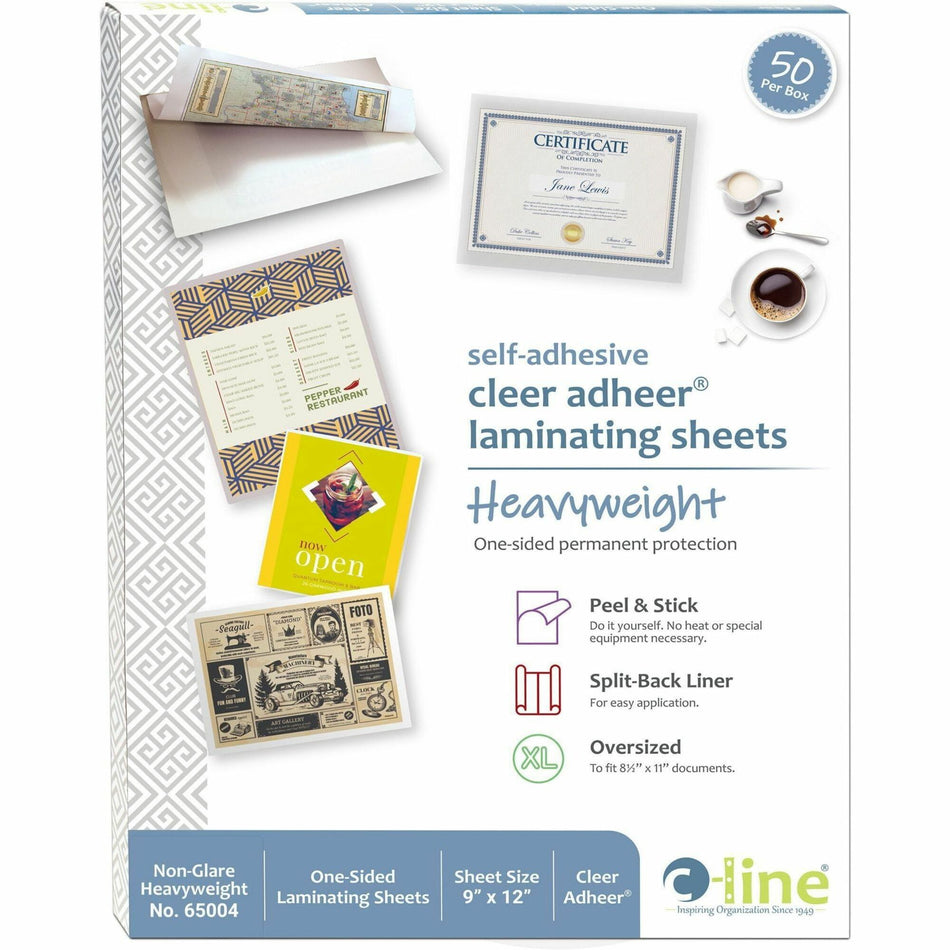 C-Line Cleer-Adheer Laminating Sheets - Laminating Pouch/Sheet Size: 9" Width x 12" Length x 2 mil Thickness - Type N - Nonglare - for Catalog Sheet, News Clipping, Certificate, Photo - Self-adhesive, Tear Resistant, Water Proof - Clear - 50 / Box