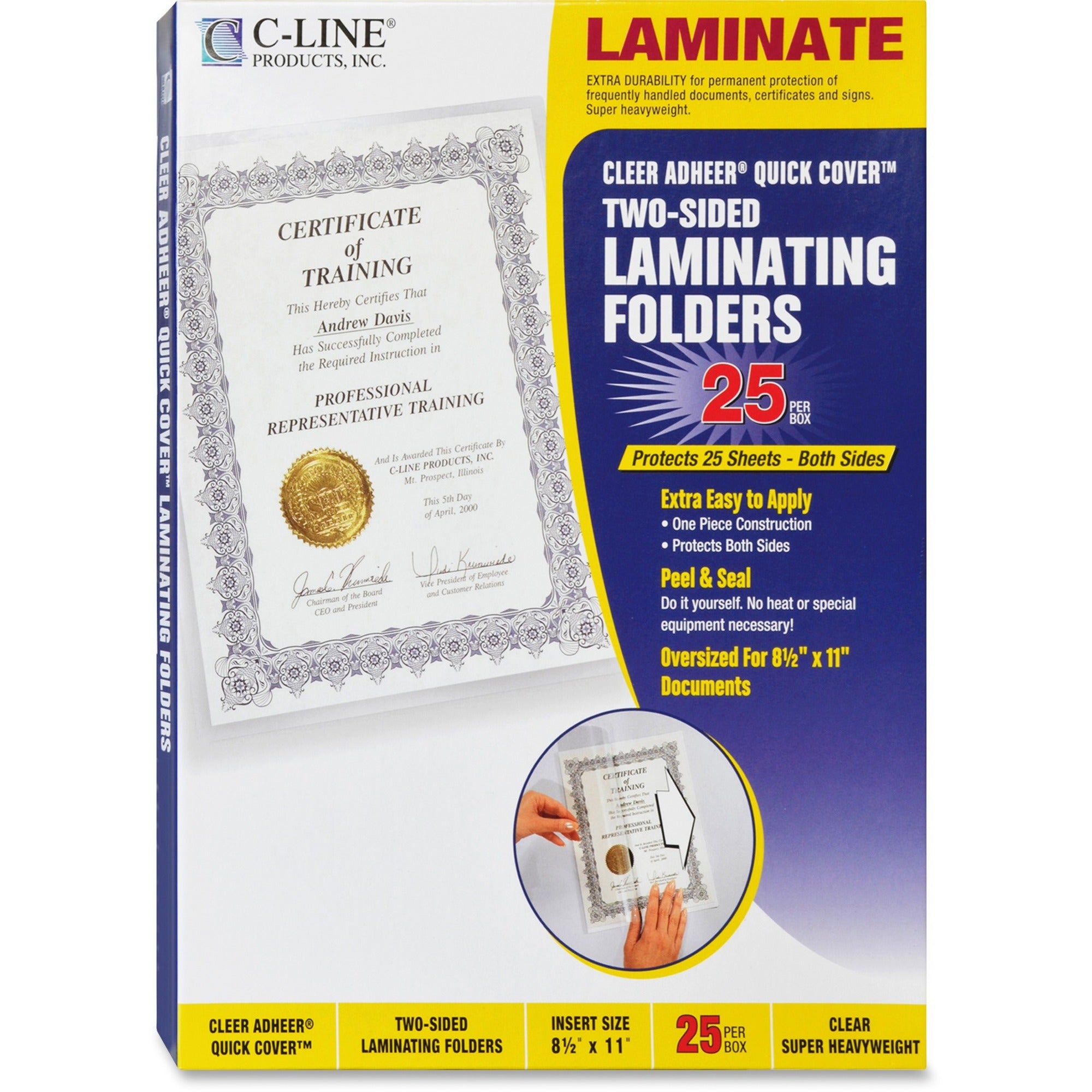 C-Line Cleer-Adheer Laminated Film Covers - Sheet Size Supported: Letter 8.50" Width x 11" Length x 12 mil Thickness - Laminating Pouch/Sheet Size: 12 mil Thickness - for Certificate, Phone List, Sign - Clear - 25 / Box