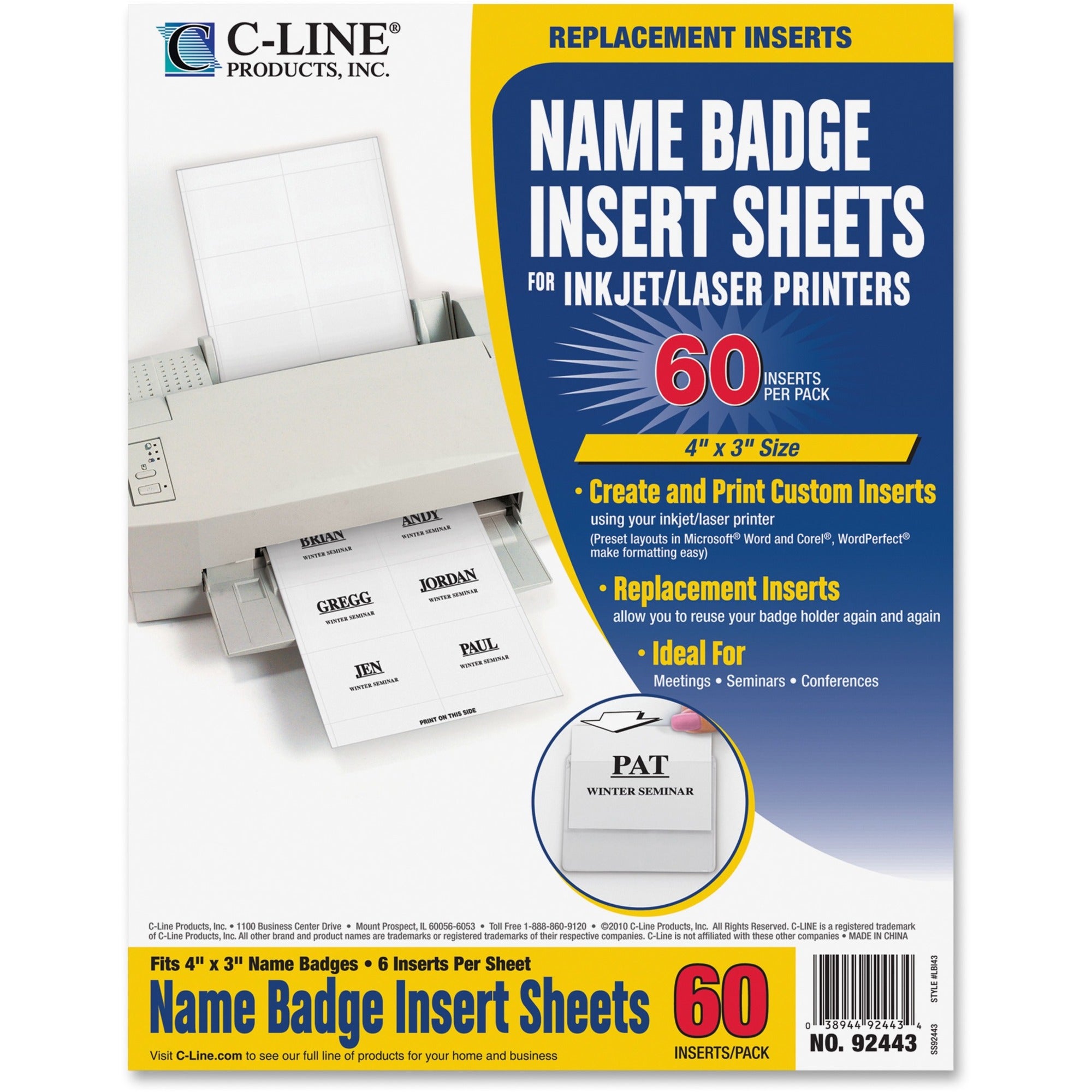 C-Line Laser/Inkjet Badge Insert Refills - 4" Width x 3" Length - Rectangle - Laser, Inkjet - White - 6 / Sheet - 60 / Pack