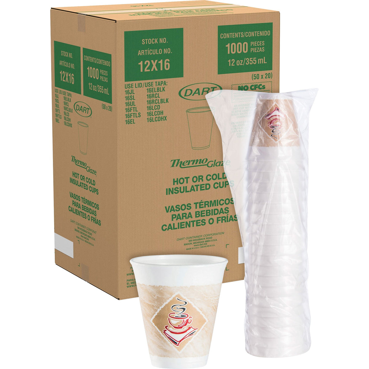 Dart ThermoGlaze 12 oz Design Insulated Foam Cups - 12 fl oz - Brown, Red - Foam - Cold Drink, Hot Drink - 20/Bag - 50 / Carton