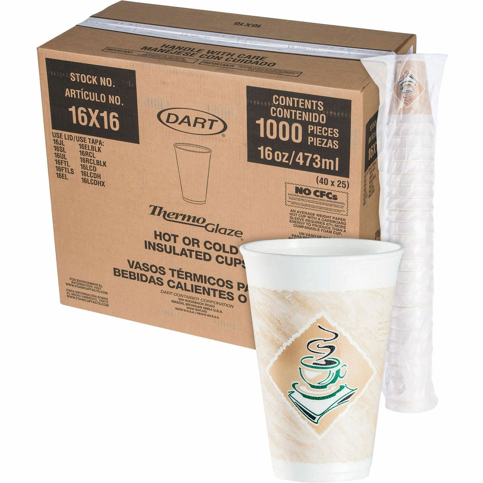 Dart ThermoGlaze 16 oz Design Insulated Foam Cups - 16 fl oz - White - Foam - Cold Drink, Hot Drink - 25/Bag - 40 / Carton