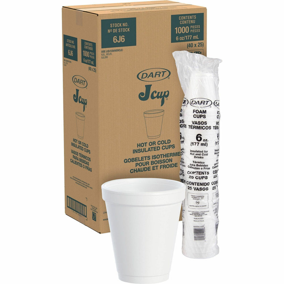 Dart J Cup 6 oz Insulated Foam Cups - 6 fl oz - White - Foam - Soft Drink, Cold Drink, Hot Drink - 25/Pack - 40 / Carton