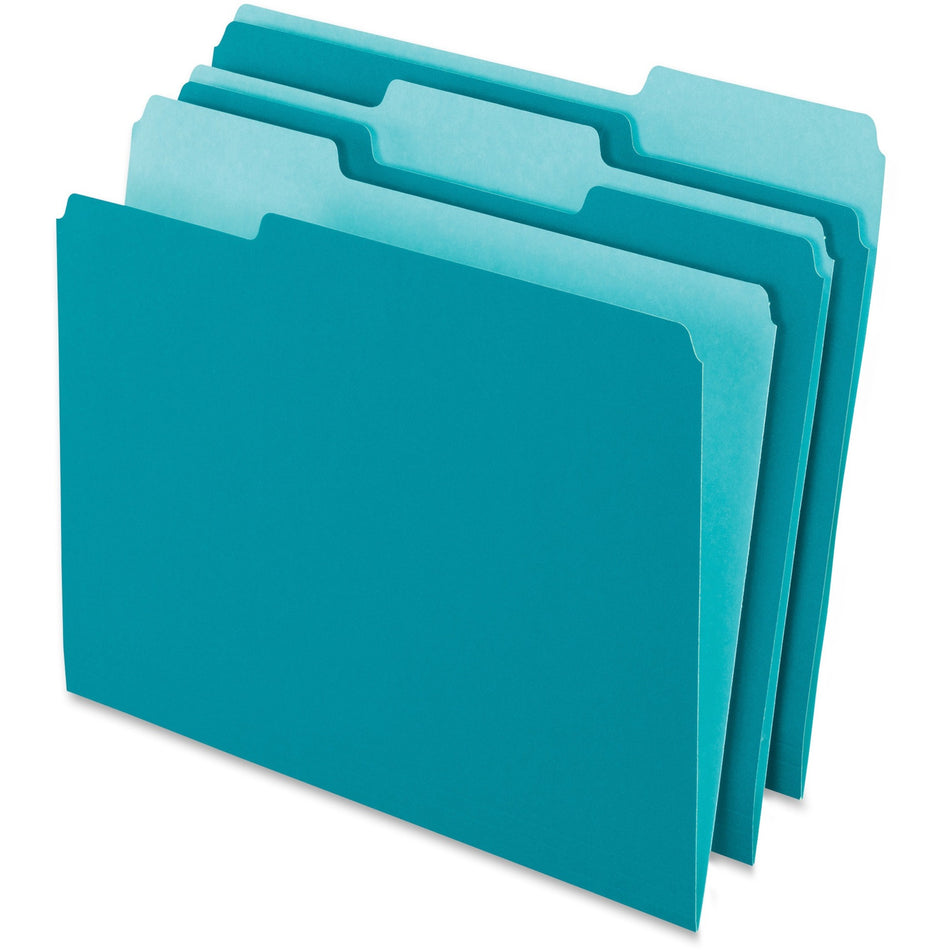 Pendaflex 1/3 Tab Cut Letter Recycled Top Tab File Folder - 8 1/2" x 11" - Top Tab Location - Assorted Tab Position - 11 pt. - 1 Plys - Teal - Acid-free - 10% Recycled - 100 / Box