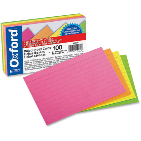 Oxford Neon Index Cards - 3" x 5" - Sustainable Forestry Initiative (SFI) - Orange, Yellow, Pink, Orange - 100 / Pack