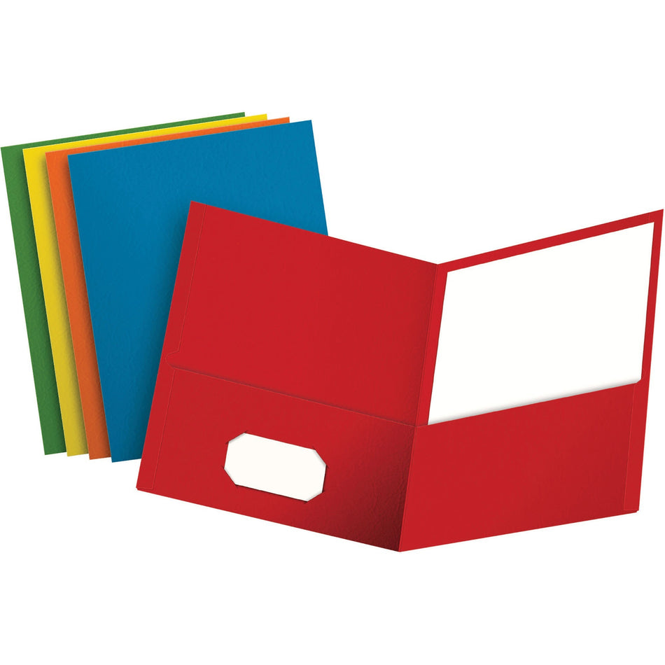 Oxford Letter Recycled Pocket Folder - 8 1/2" x 11" - 100 Sheets Capacity - 2 Internal Pocket(s) - Leatherette - Blue, Green, Yellow, Orange, Red - Turned Edge - 10% Recycled - 25 / Box