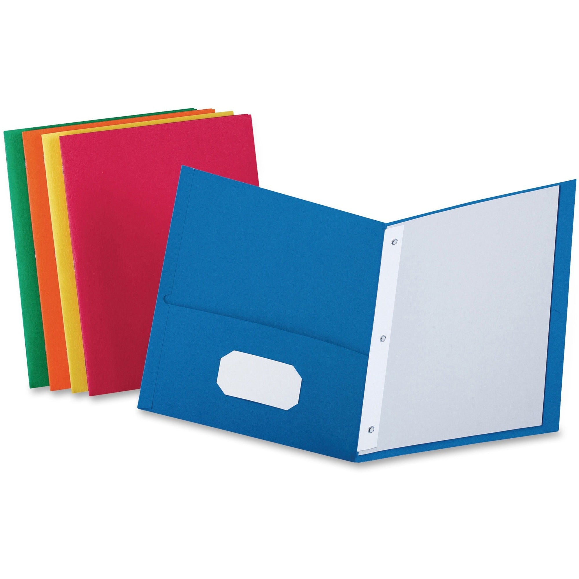 Oxford Letter Recycled Pocket Folder - 8 1/2" x 11" - 3 Fastener(s) - 1/2" for Folder - 2 Inside Front & Back Pocket(s) - Leatherette - Blue, Green, Yellow, Orange, Red - Tear Resistant - 10% Recycled - 25 / Box