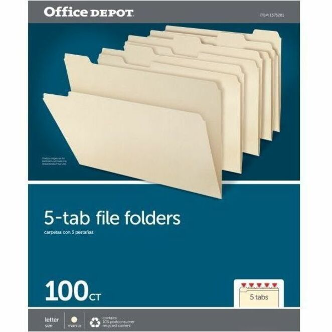 Pendaflex Essentials 1/5 Tab Cut Letter Recycled Top Tab File Folder - 8 1/2" x 11" - 3/4" Expansion - Top Tab Location - Assorted Tab Position - 11 pt. - 1 Plys - Manila - Manila - Corner - 10% Recycled - 100 / Box