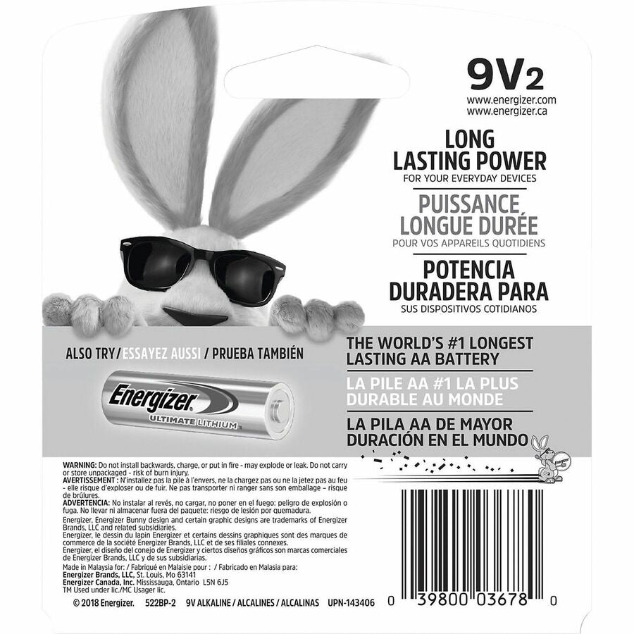 Energizer 9-Volt MAX Alkaline Batteries - For Multipurpose - 9V - 595 mAh - 9 V DC - 2 / Pack