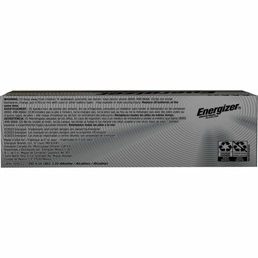 Energizer Industrial Alkaline AAA Batteries, 24 pack - For Multipurpose - AAA - 1.5 V DC - 1250 mAh - Alkaline - 24 / Box