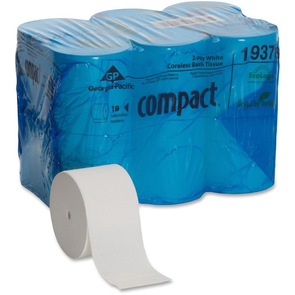 Compact Coreless Recycled Toilet Paper - 2 Ply - 4.05" Width x 3.85" Length - 1500 Sheets/Roll - 5.75" Roll Diameter - White - 18 / Pack
