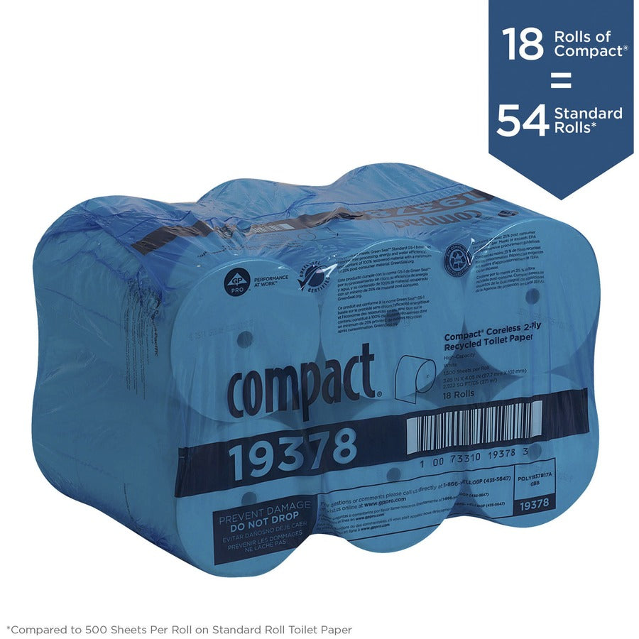 Compact Coreless Recycled Toilet Paper - 2 Ply - 4.05" Width x 3.85" Length - 1500 Sheets/Roll - 5.75" Roll Diameter - White - 18 / Pack