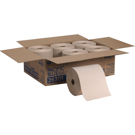 Pacific Blue Basic Recycled Hardwound Paper Roll Towel - 1 Ply - 7.87" Width x 800 ft Length - Brown - 6 / Carton