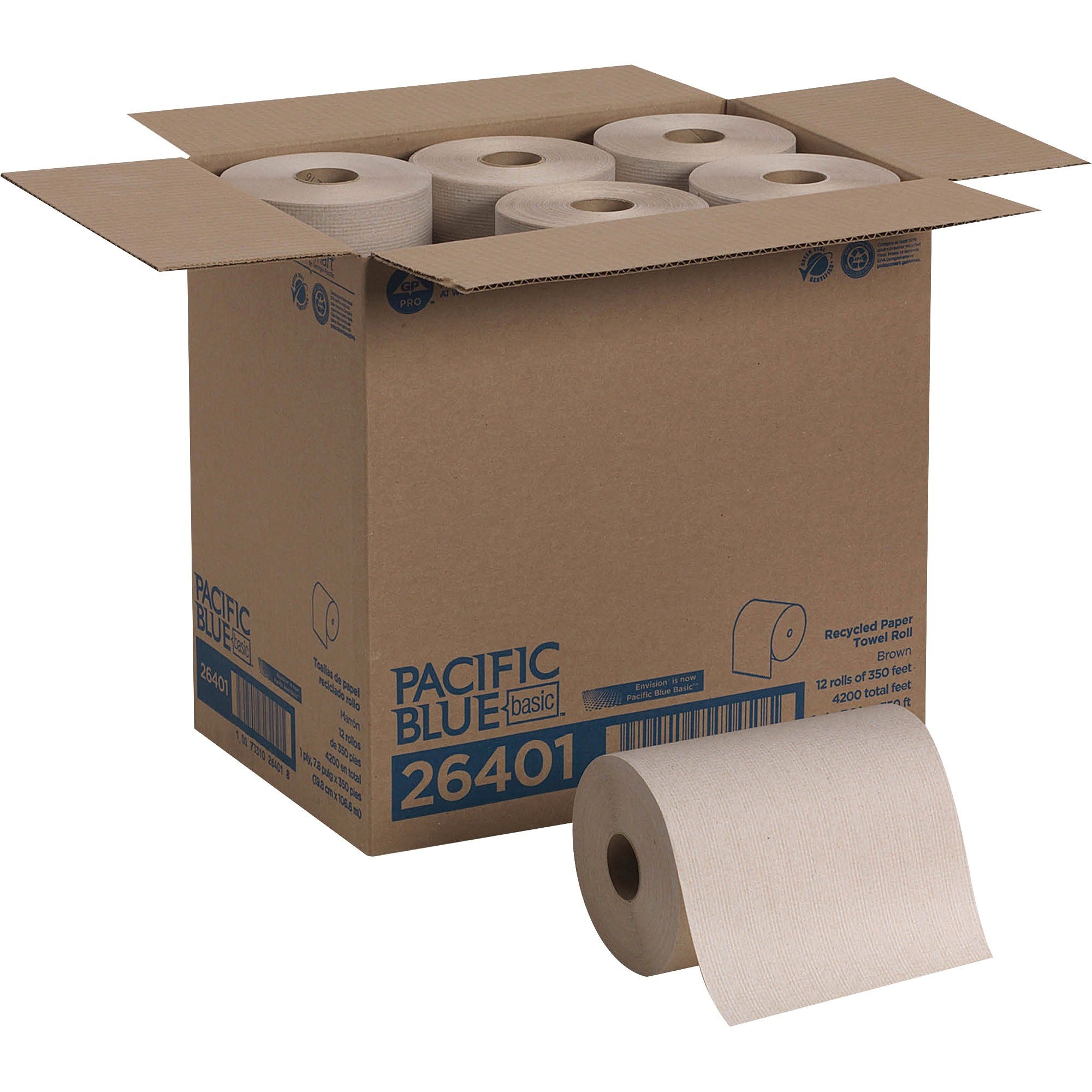Pacific Blue Basic Recycled Paper Towel Roll - 1 Ply - 7.87" Width x 350 ft Length - Natural - 12 / Carton